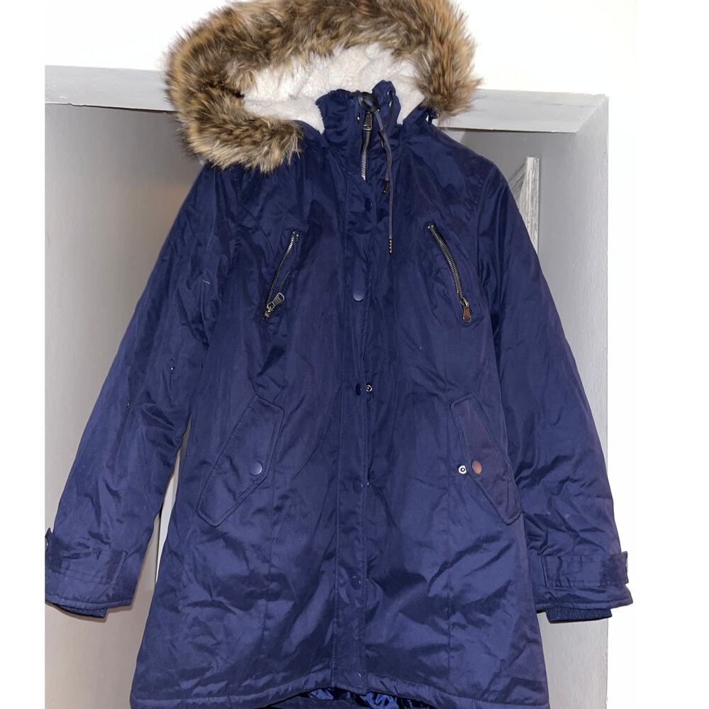 Ellos Modern A-Line Parka Jacket Sherpa & Faux Fur Hood Navy Blue Size 12 (400)